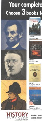 Pictured: a detail from a History Book Club advertisement, with three portraits in the left margin: a photograph of Abraham Lincoln, a photograph of Adolf Hitler, and an illustration of Napoleon Bonaparte