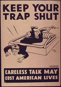 poster: a crudely caricatured Tojo is caught in a mousetrap. Caption: "KEEP YOUR TRAP SHUT. Careless talk may cost American lives."