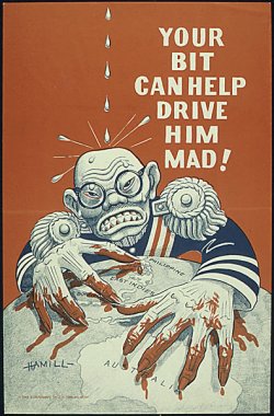 poster: a lurid caricature of Tojo with blood dripping from his fingers, clutching at Australia and the South Pacific on the globe. Drops on his head seem to be enraging him. Caption: "Your bit can help drive him mad!"