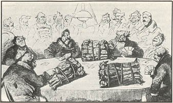 cartoon: a card game between Russian lords, with bundled serfs thrown onto the table for bets in place of chips