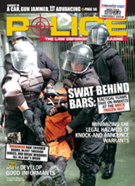 Here's a cover with a photo of a gang of heavily armored SWAT police, with face-plated riot helmets and heavy body armor, forcing a prisoner in an orange jump suit to the ground, captioned "SWAT behind bars".