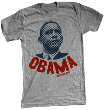 The shirt has a giant head of Barack Obama staring off to the horizon, with OBAMA printed in big block letters underneath.