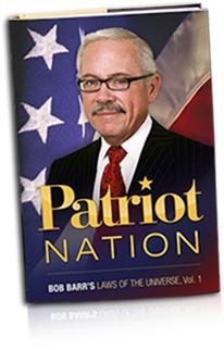 Here's an image of the cover of Bob Barr's campaign book, called 'Patriot Nation', featuring Bob Barr in front of a background completely filled with the U.S. government's flag.