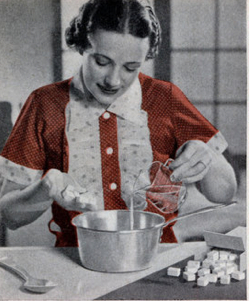 from a 1950s advertisement, featuring a housewife attentively mixing ingredients for baking