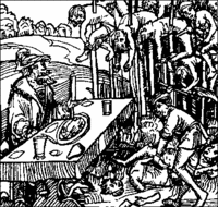 Woodblock print: Vlad Dracula dines while watching a mass impalement