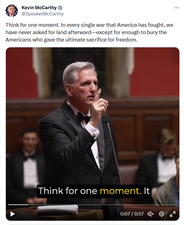 Here is a screenshot of a post to X / Twitter dot com by Kevin McCarthy's official account, @SpeakerMcCarthy. There is a paragraph of text providing a caption for a video of McCarthy saying the same thing in a speech. The paragraph reads:
