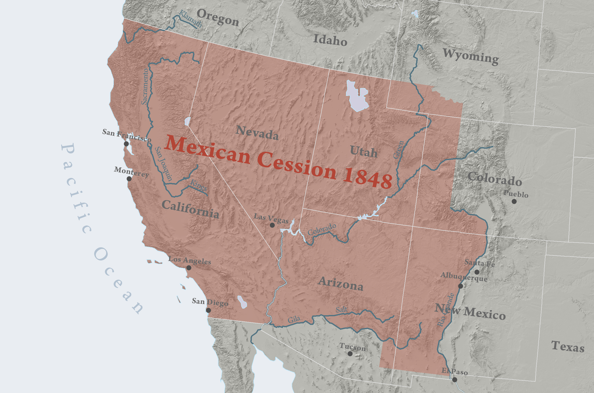 Here is a map of the Mexican Cession (1848), highlighting all of the present-day states of California, Nevada and Utah, and parts of the present-day states of Colorado, Arizona and New Mexico.